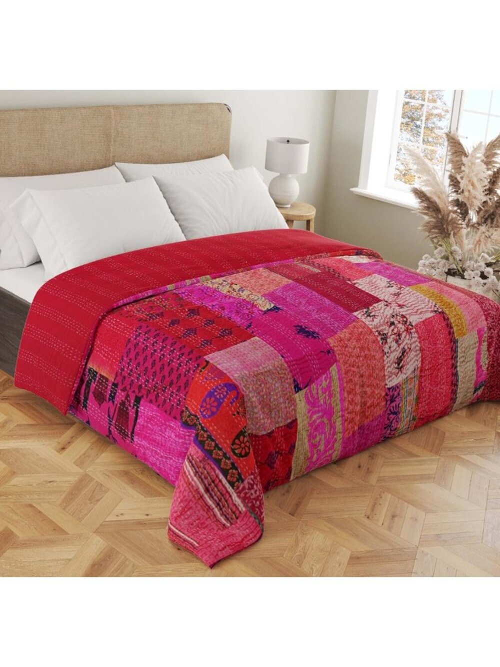 Handmade Cotton Quilts Kantha Blanket Indian Silk Sari Patchwork Quilts Pink, Qu